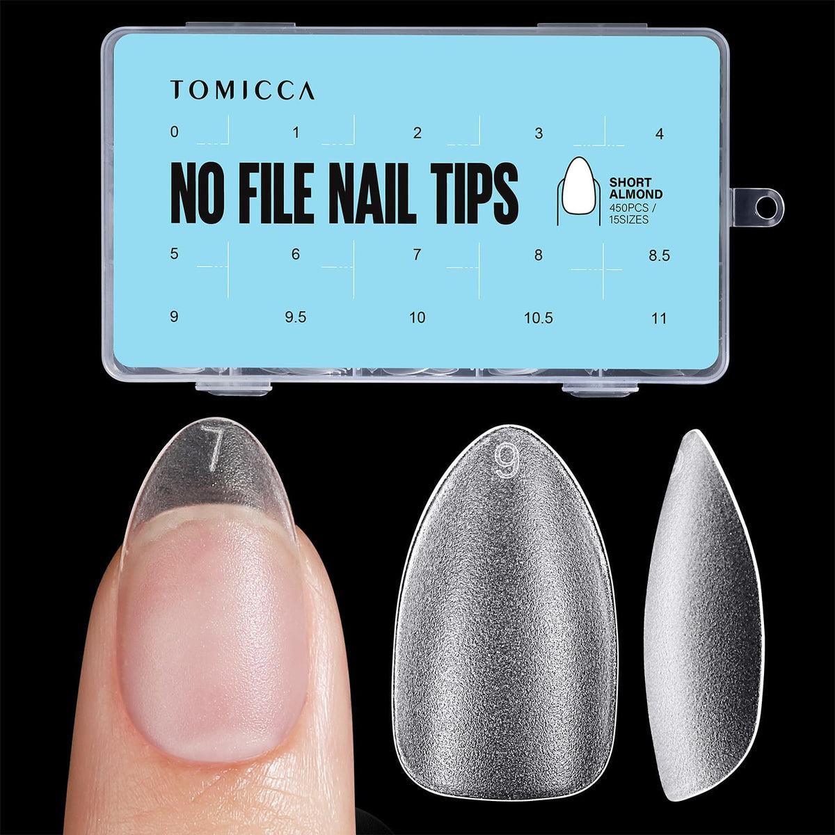 TOMICCA front packaging showing full 450-piece almond tip kit and benefits