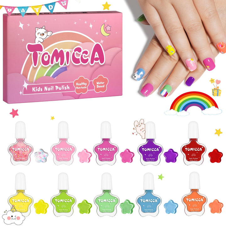 TOMICCA front packaging showing ten vibrant safe colors for playful manicures