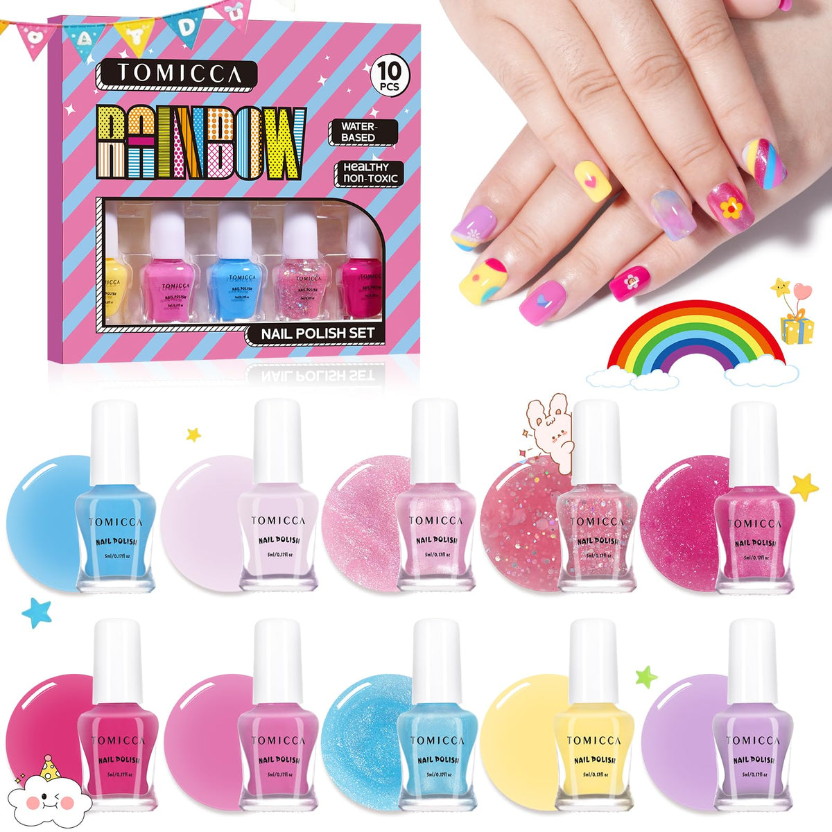 TOMICCA front packaging showing ten rainbow colors and child-safe benefits