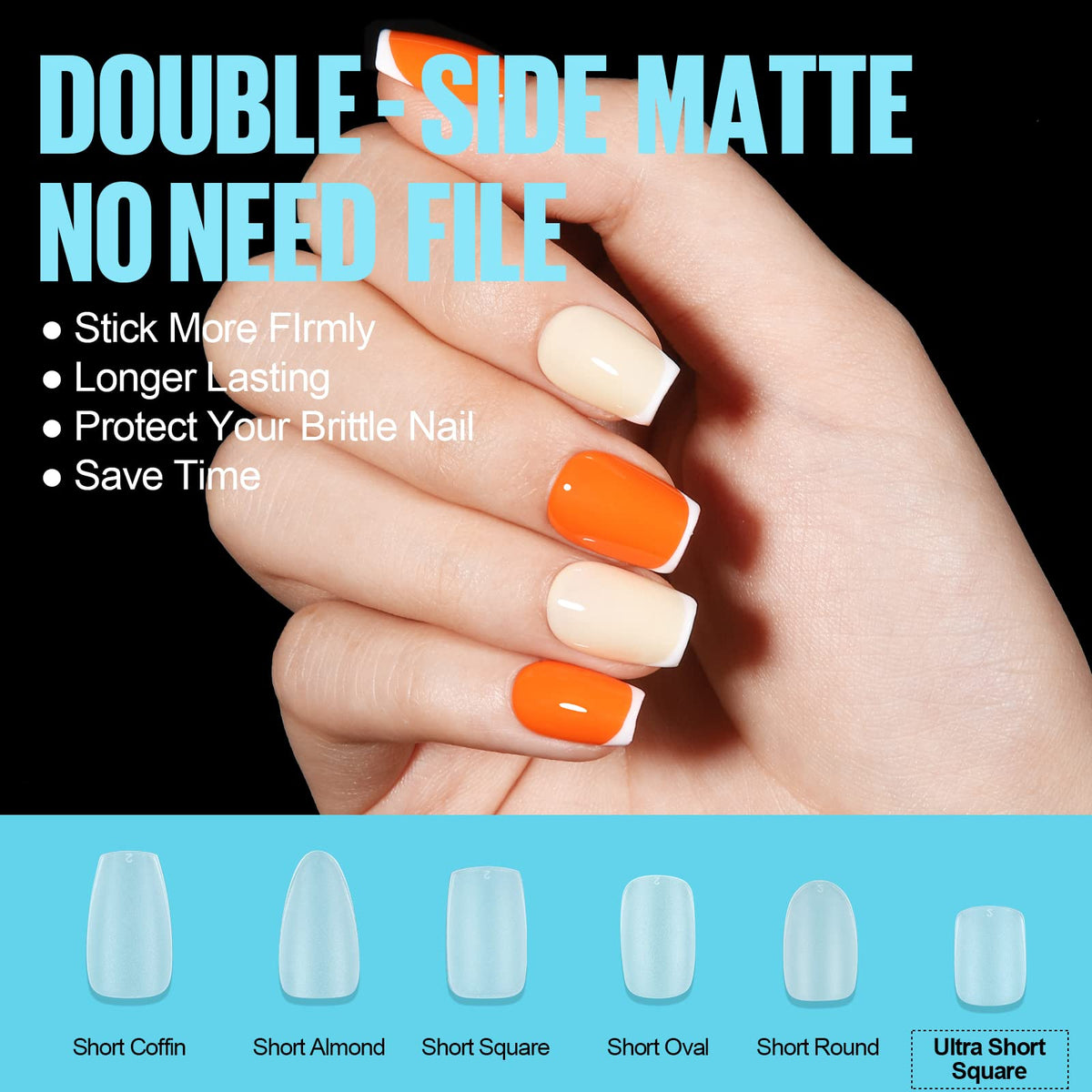 TOMICCA tips held in hand to show extra short coffin scale and natural look