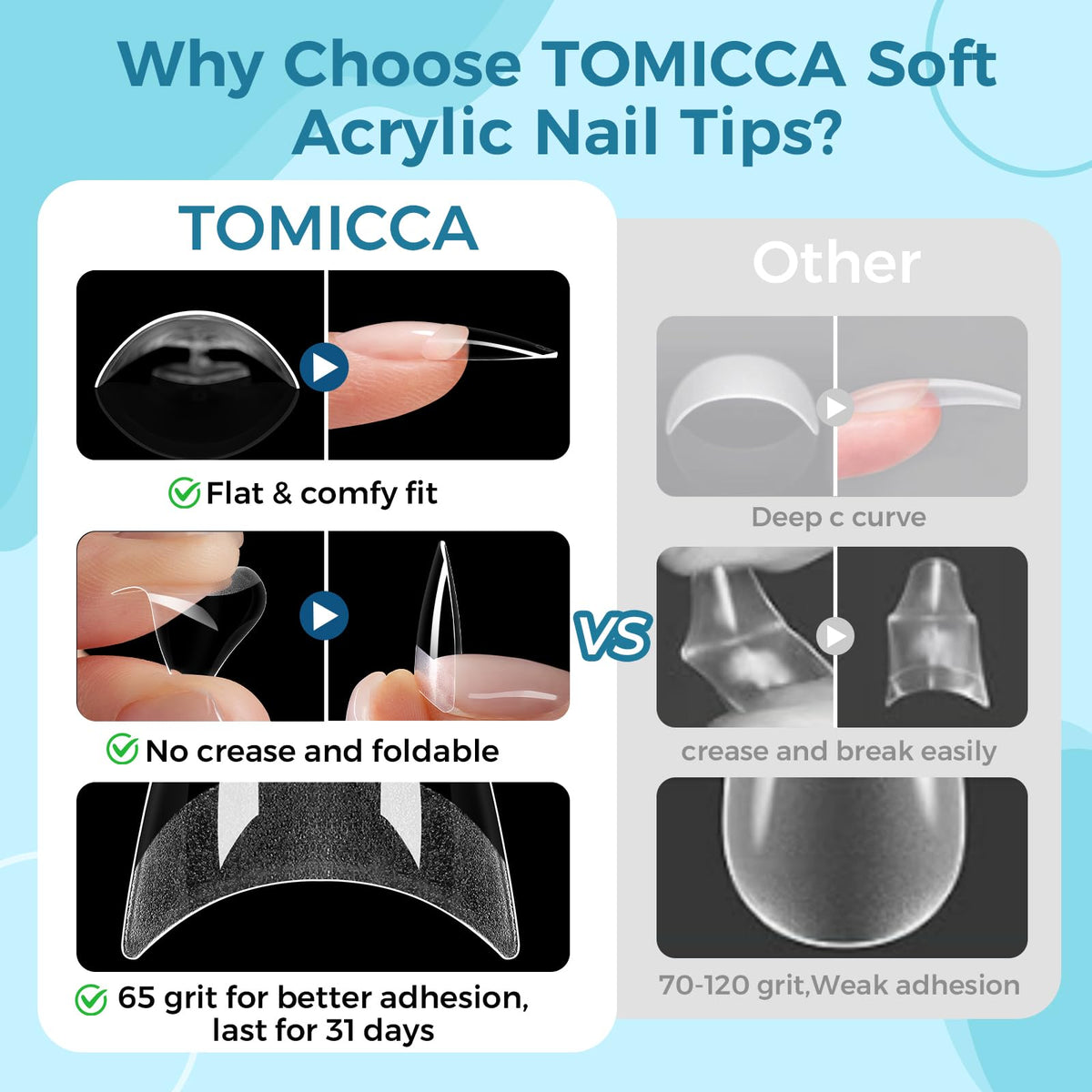 TOMICCA tip being pressed onto natural nail during DIY application for even adhesion