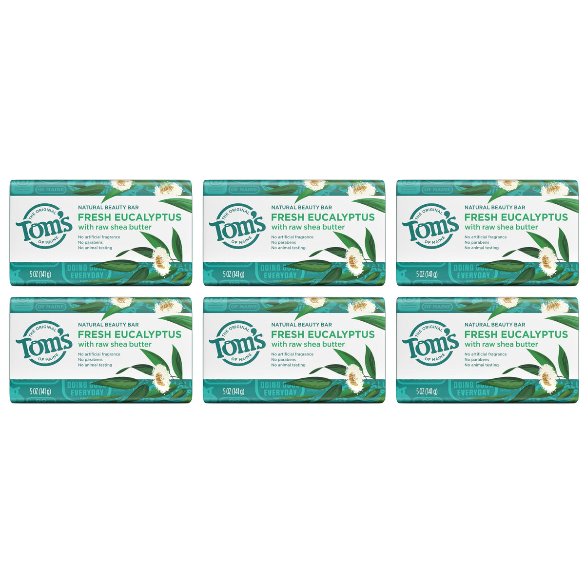 Tom's of Maine bar on shower ledge during use to convey refreshing eucalyptus scent
