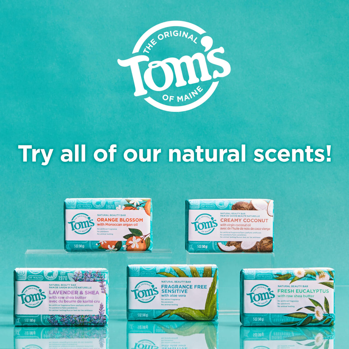 Tom's of Maine soap in bathroom lifestyle scene illustrating unisex, family-friendly benefit
