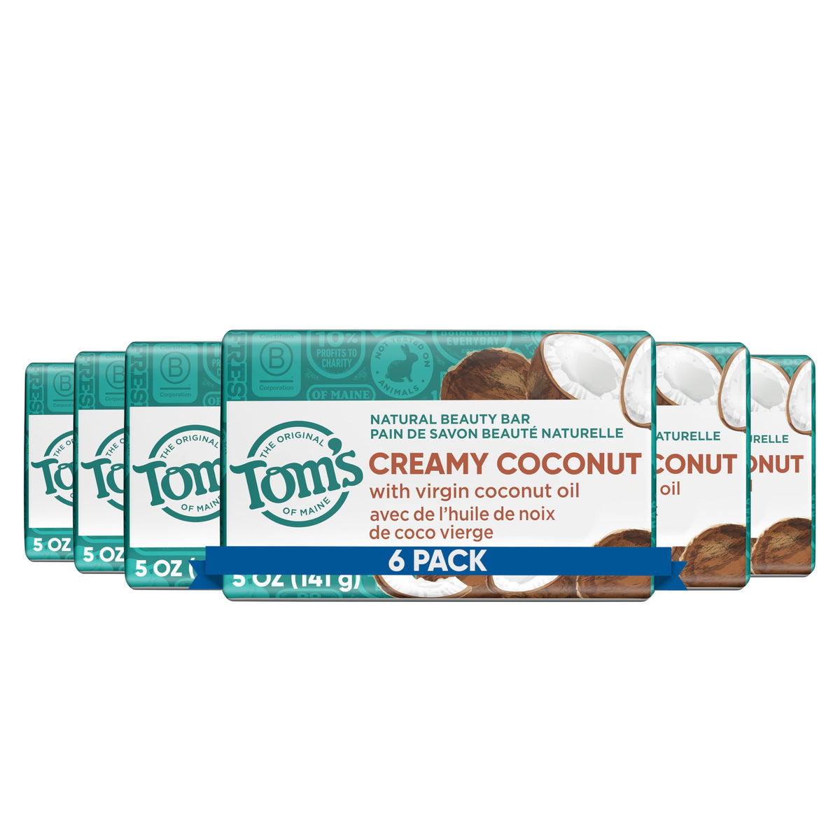 Tom's of Maine front packaging showing six Coconut bars, clear eco-friendly branding
