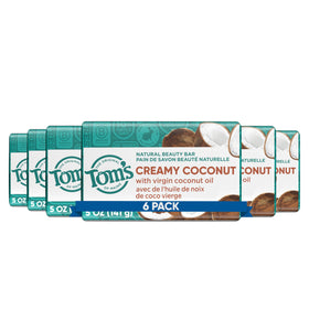 Tom's of Maine front packaging showing six Coconut bars, clear eco-friendly branding