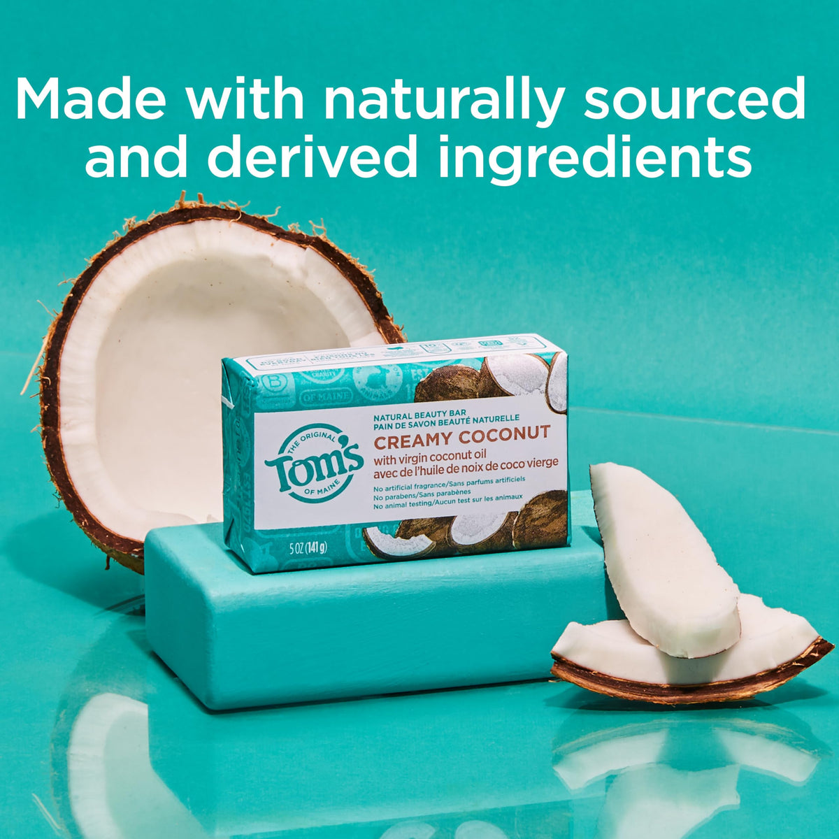 Tom's of Maine single unwrapped bar emphasizing creamy texture and gentle cleansing