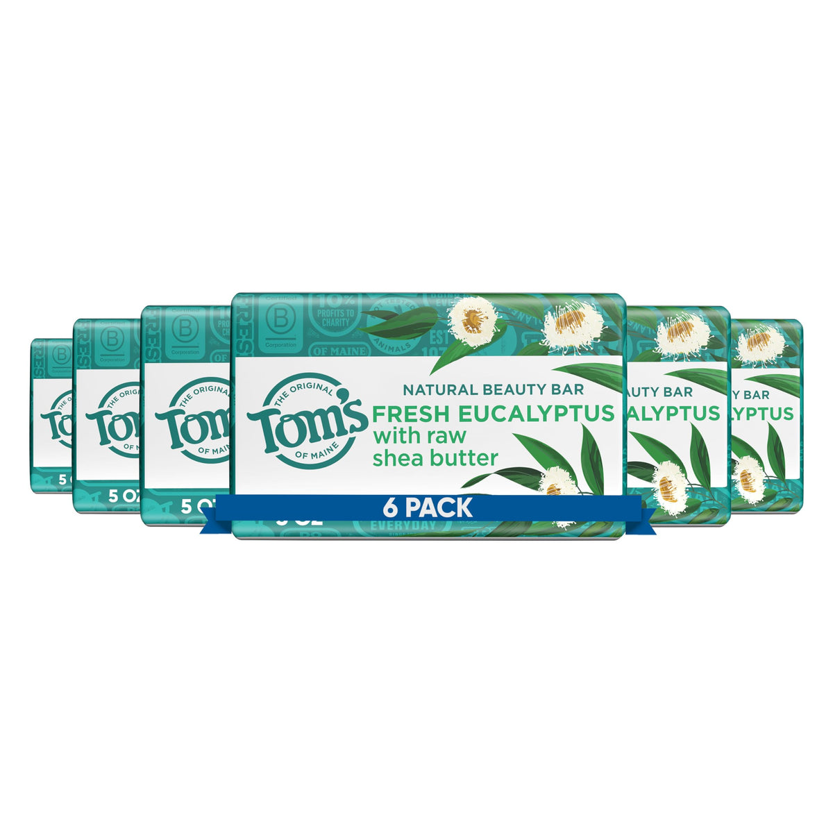 Tom's of Maine front packaging showing six eucalyptus bars with clear branding and benefits