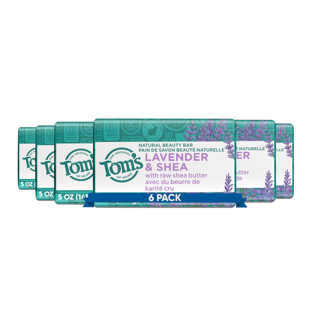 Tom's of Maine front packaging showing six bars and calming lavender scent