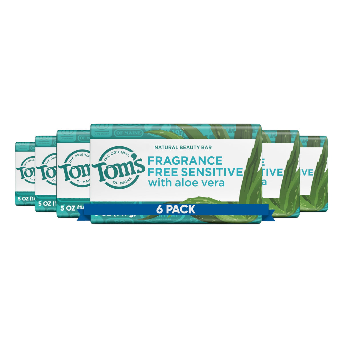 Tom's of Maine front packaging showing fragrance-free six-pack and clear labeling for sensitive skin benefits