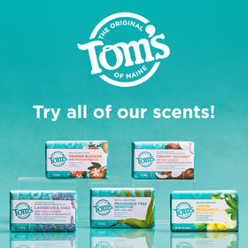 Tom's of Maine bars on bathroom shelf for everyday fresh scent benefit