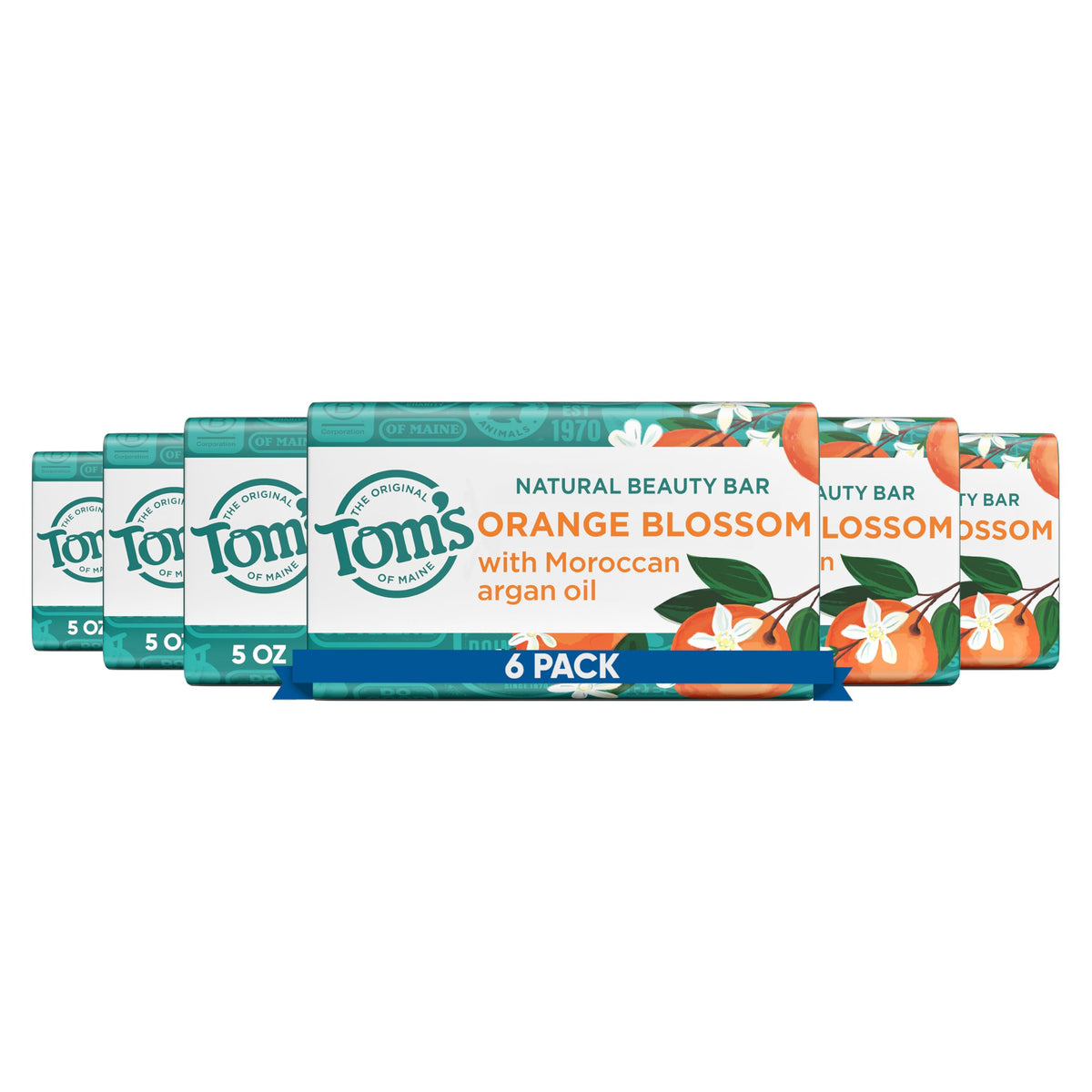 Tom's of Maine front packaging showing six orange blossom bars and product benefits