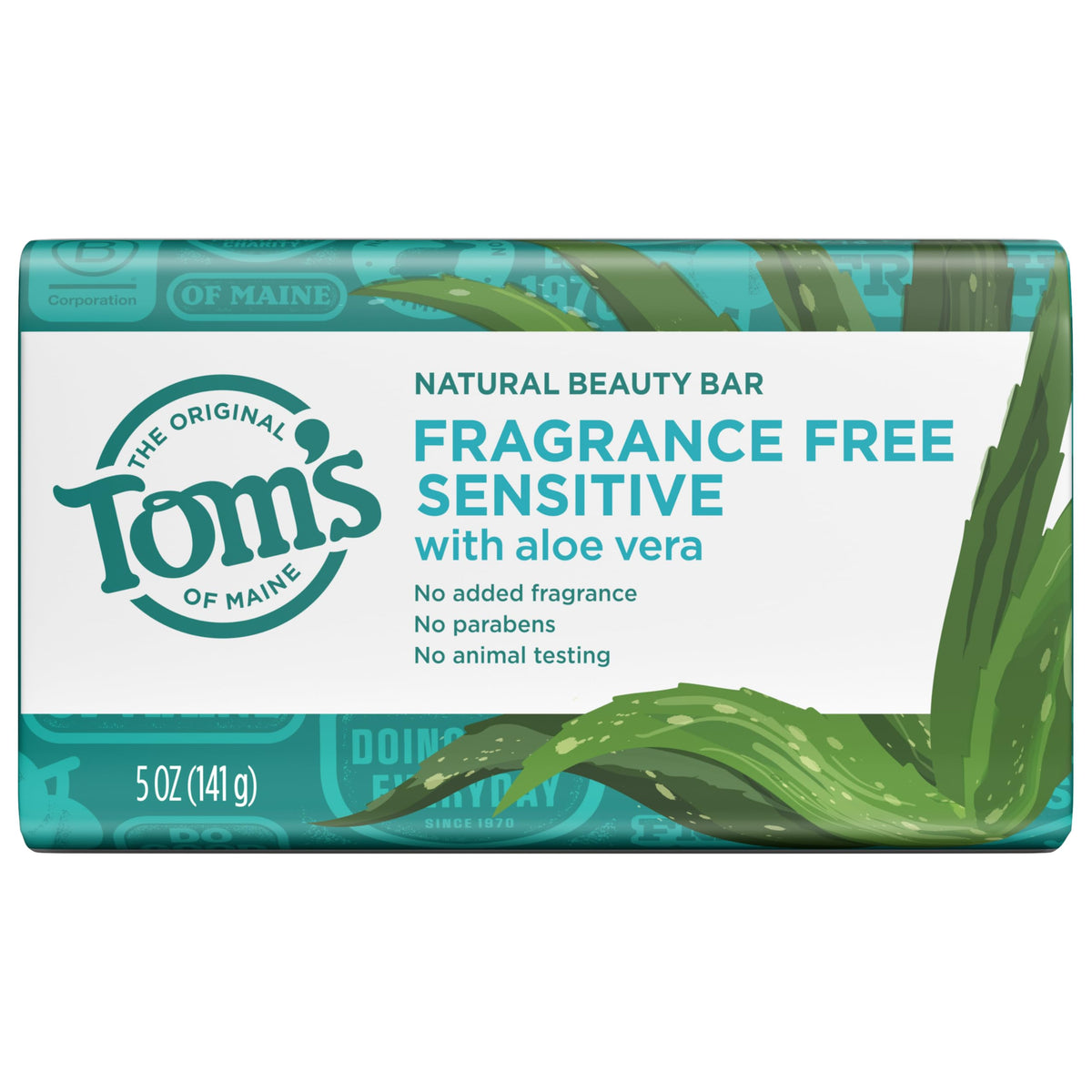 Tom's of Maine unwrapped bar label visible to emphasize fragrance-free, dermatologist-tested benefit