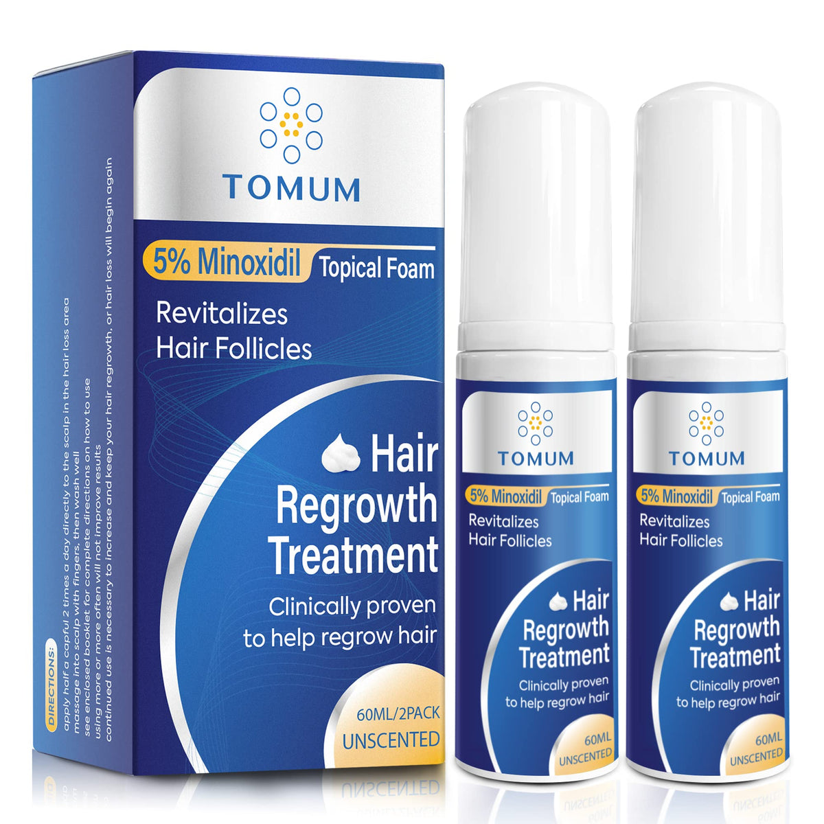 TOMUM front packaging showing product name and 5% minoxidil benefit