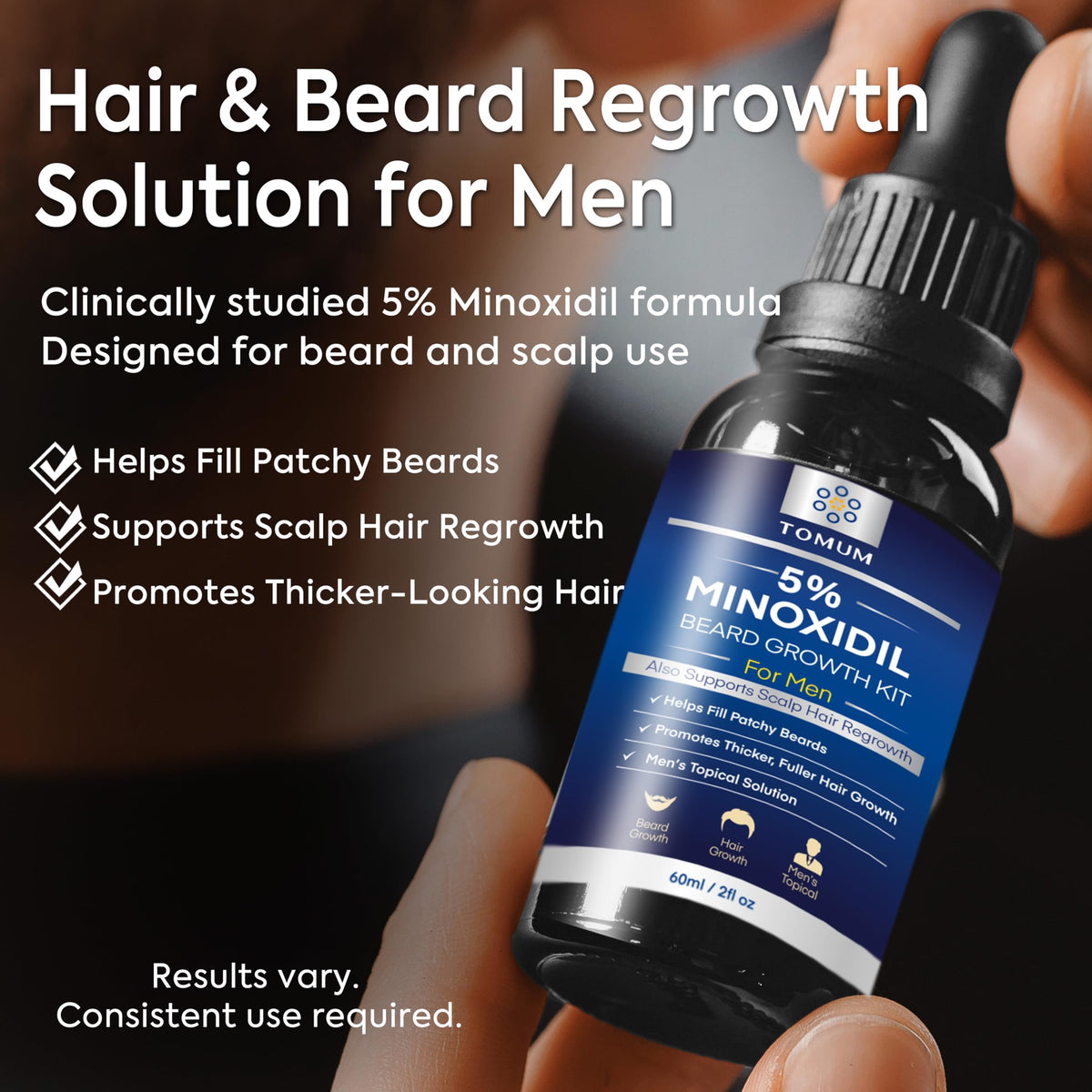 TOMUM serum dropper close-up for precise beard and scalp application benefit