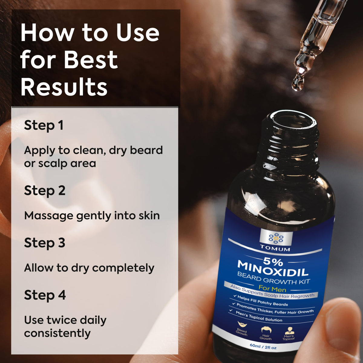 TOMUM bottle in hand for size and scale, convenient daily grooming benefit