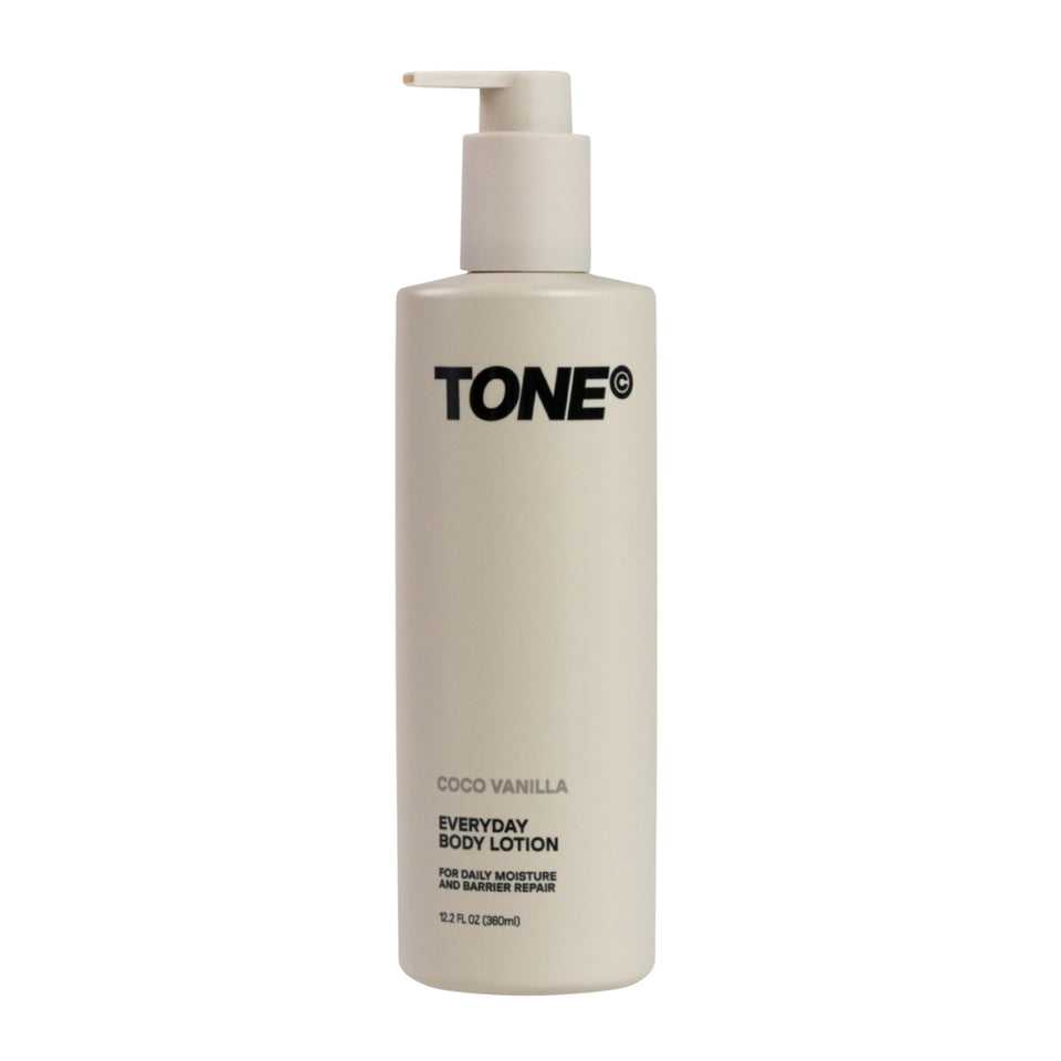 TONE Coco Vanilla front bottle showing label and pump for easy use