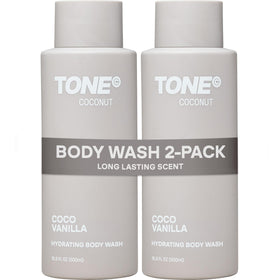TONE front packaging showing coconut body wash 16.9 fl oz and branding benefits