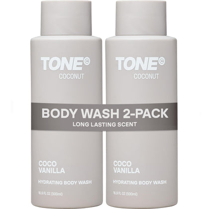 TONE front packaging showing coconut body wash 16.9 fl oz and branding benefits