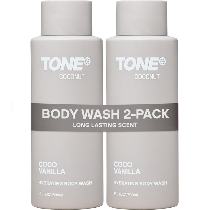 TONE front packaging showing coconut body wash 16.9 fl oz and branding benefits