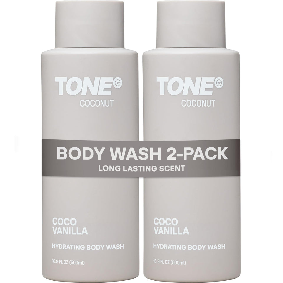 TONE front packaging showing coconut body wash 16.9 fl oz and branding benefits