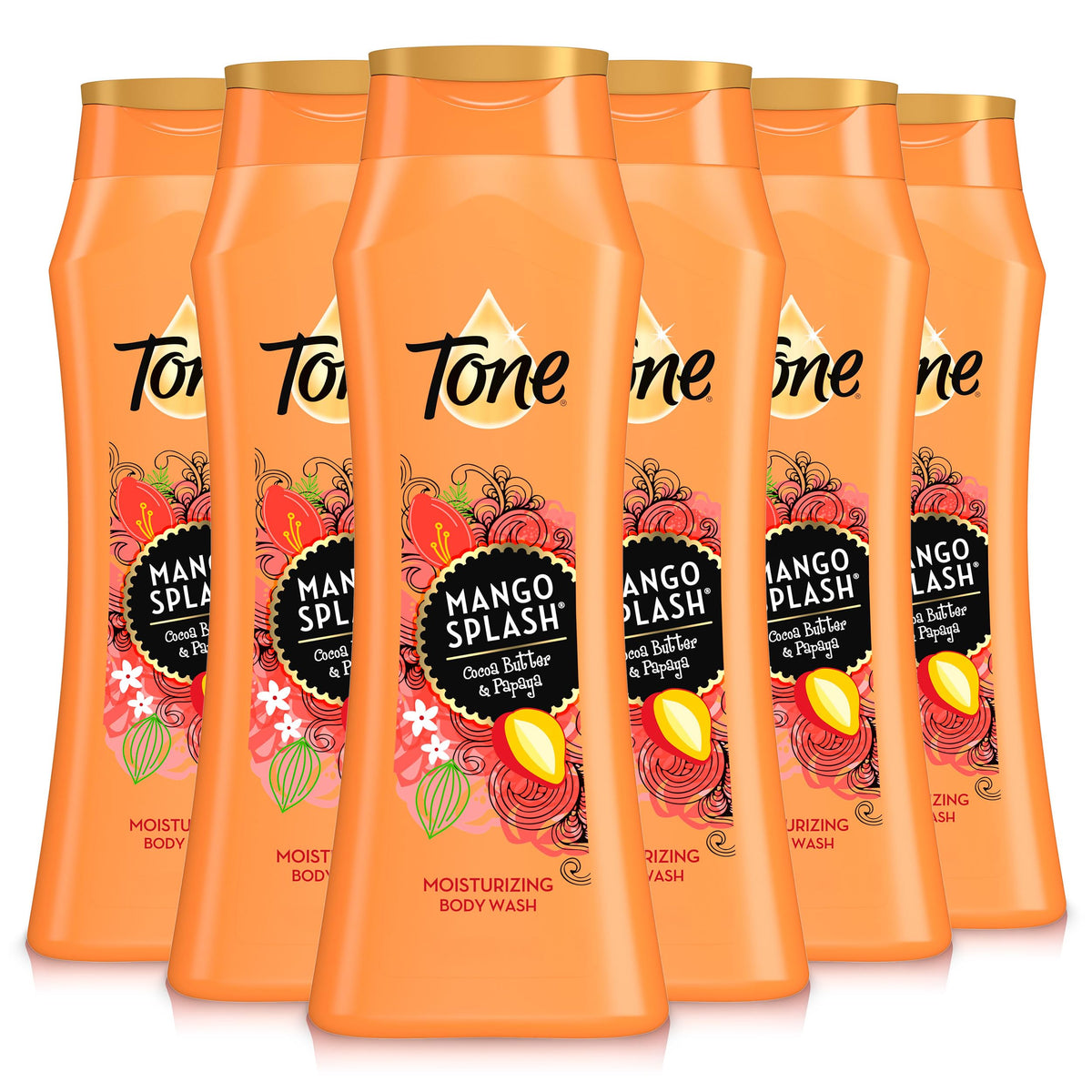 Tone front packaging showing bottle and mango splash for vibrant scent