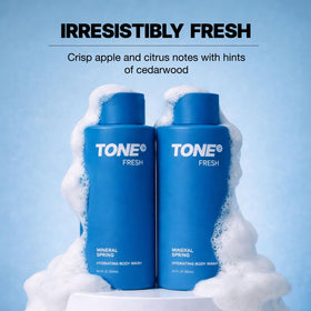 TONE in-shower use image showing hydrated skin and refreshing scent after rinsing