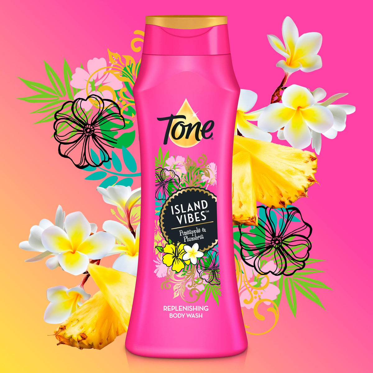 Tone bottle closeup label detailing pineapple and plumeria fragrance benefits