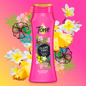 Tone bottle closeup label detailing pineapple and plumeria fragrance benefits