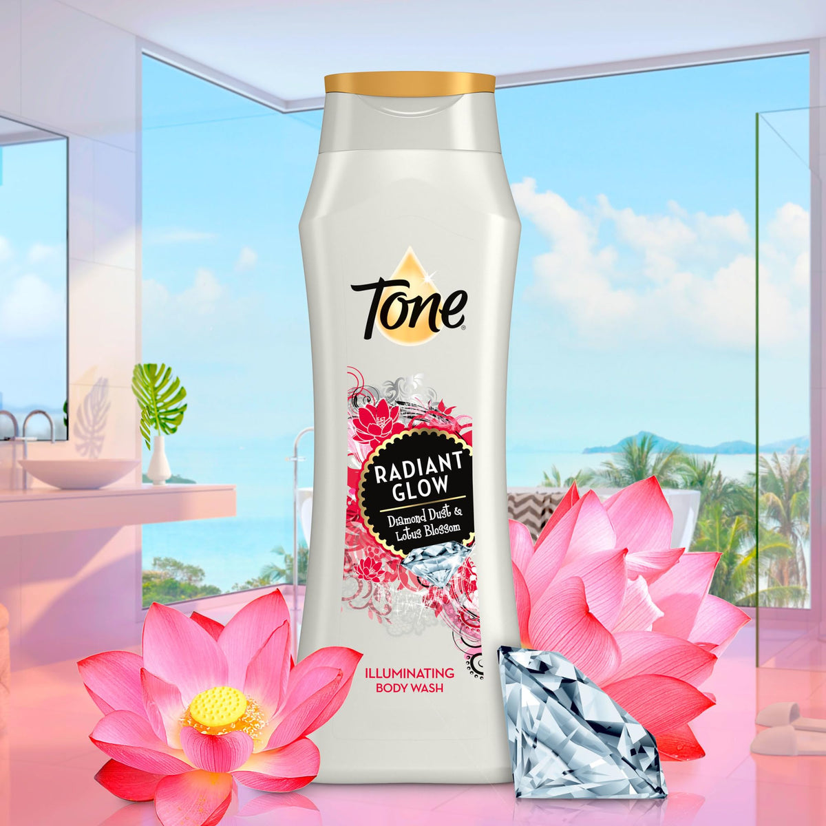 Tone Radiant Glow in a styled bathroom conveying gentle scent and polished skin