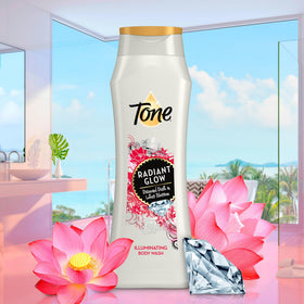 Tone Radiant Glow in a styled bathroom conveying gentle scent and polished skin