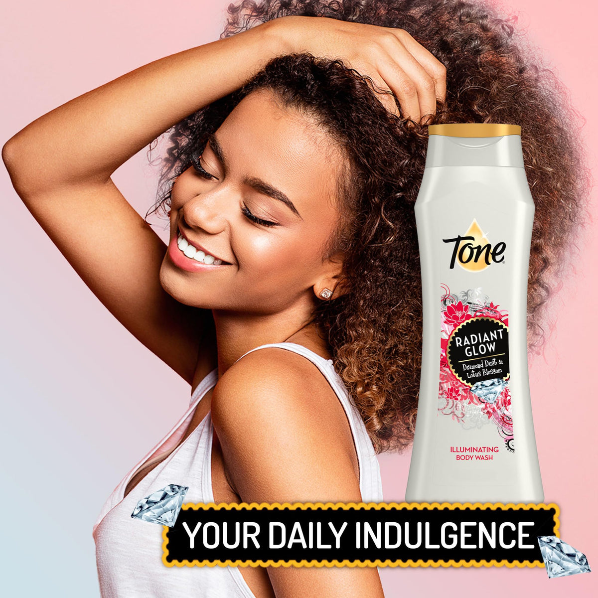 Tone Radiant Glow ingredients panel highlighting Vitamin E and key benefits