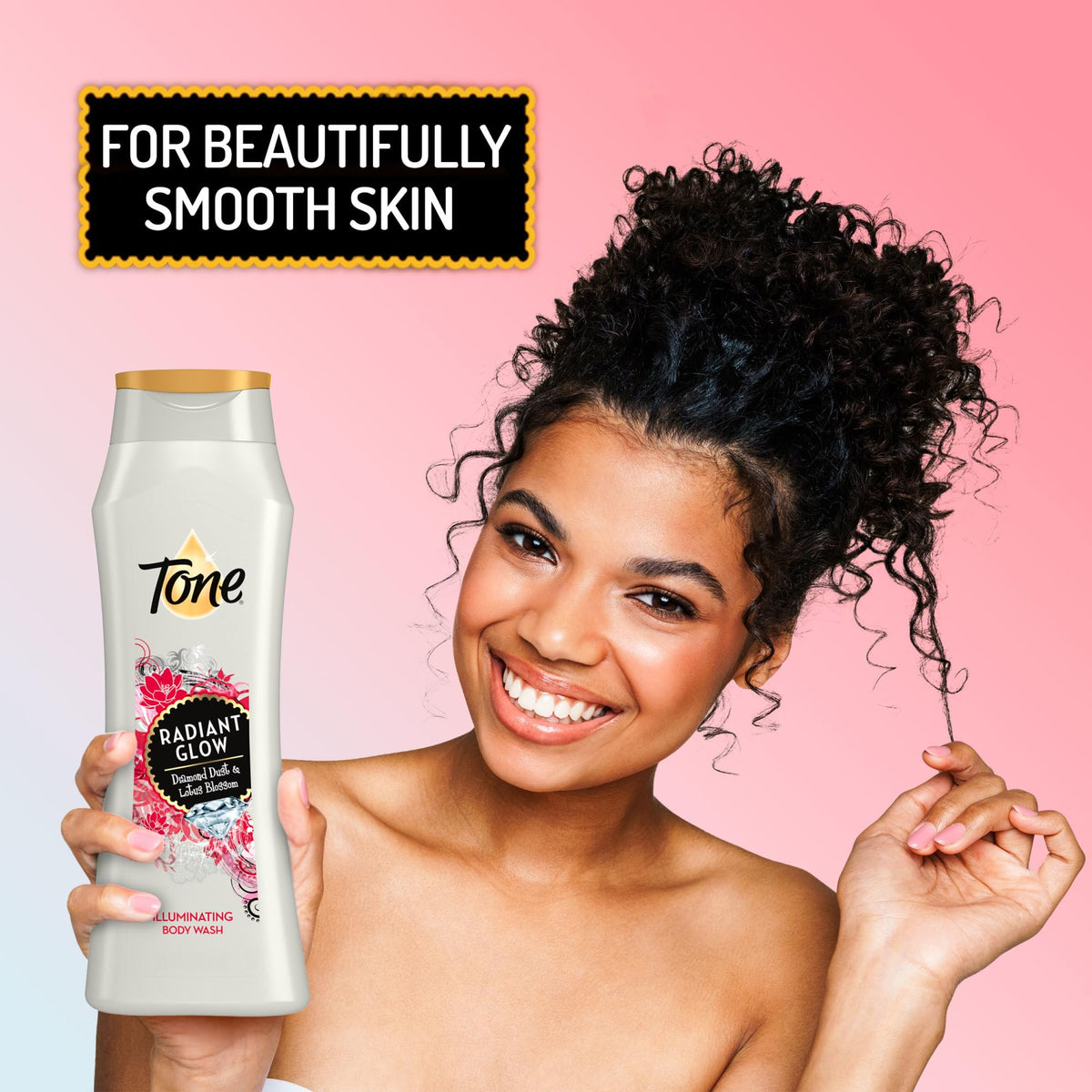 Tone Radiant Glow bottle next to a ruler showing 16 fl oz size for value