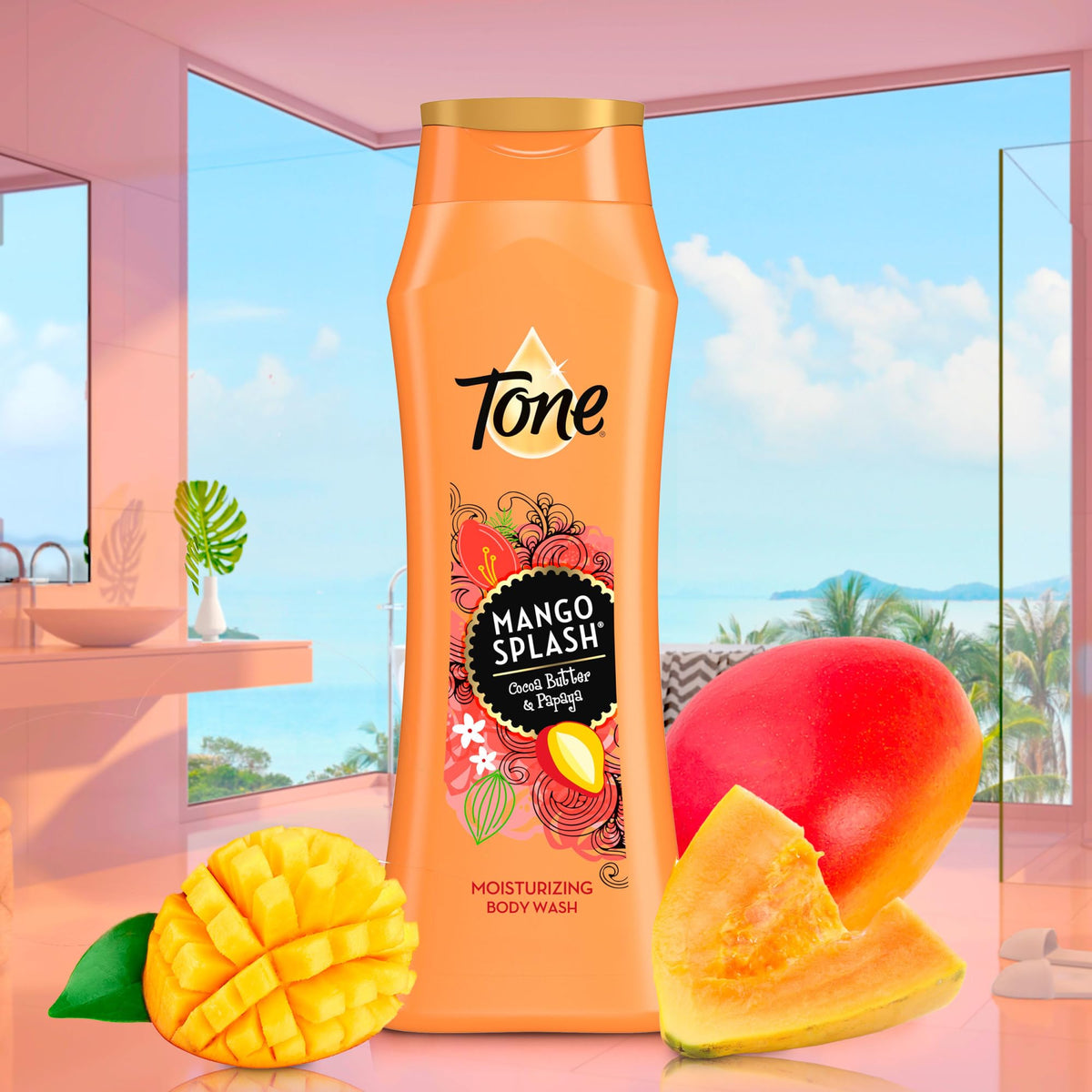 Tone shower lifestyle scene with bottle on shelf creating tropical ambiance