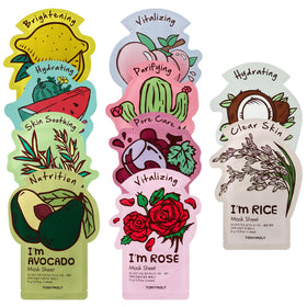 TONYMOLY front packaging showing colorful 10-mask set and easy selection benefits