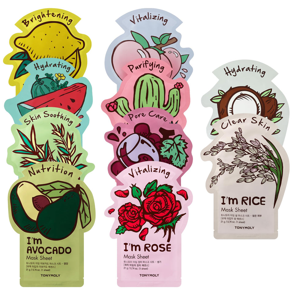 TONYMOLY front packaging showing colorful 10-mask set and easy selection benefits