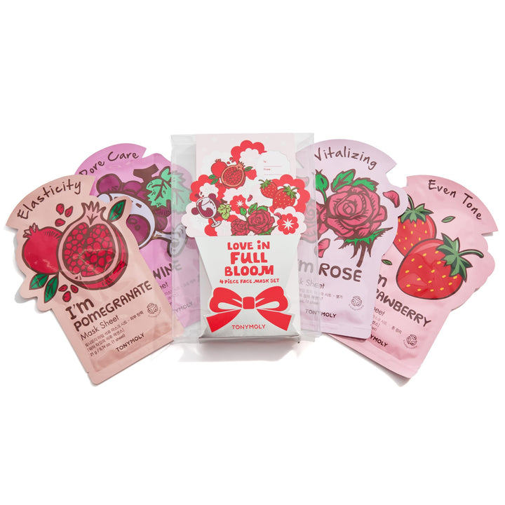 TONYMOLY front packaging for a giftable four-mask set showing variety and convenience