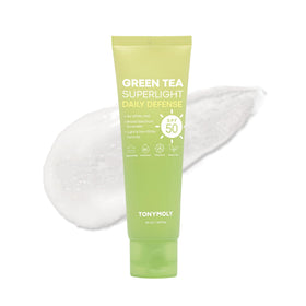 TONYMOLY front packaging showing SPF 50+ and green tea benefits for daily protection
