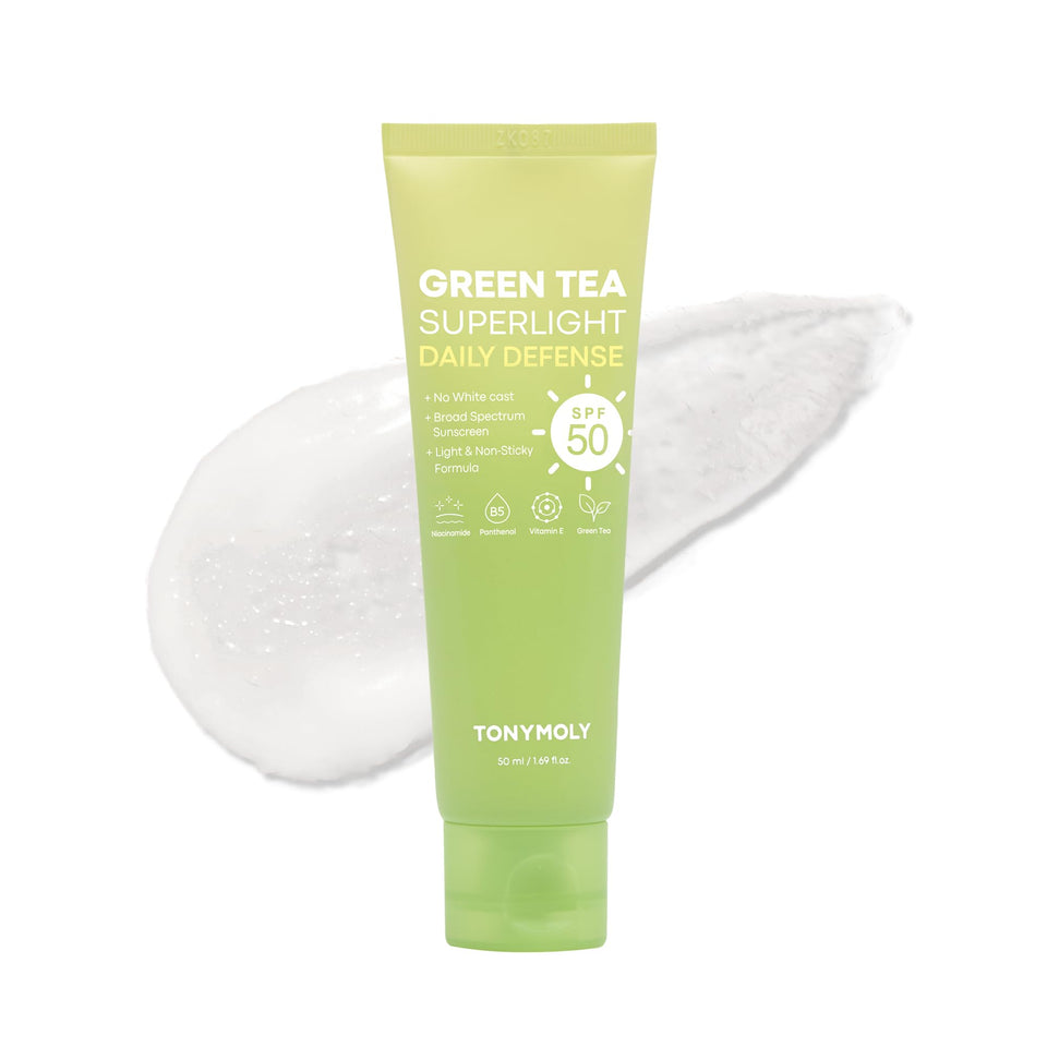 TONYMOLY front packaging showing SPF 50+ and green tea benefits for daily protection