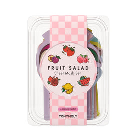 TONYMOLY front packaging showing six colorful fruit sheet masks and benefits