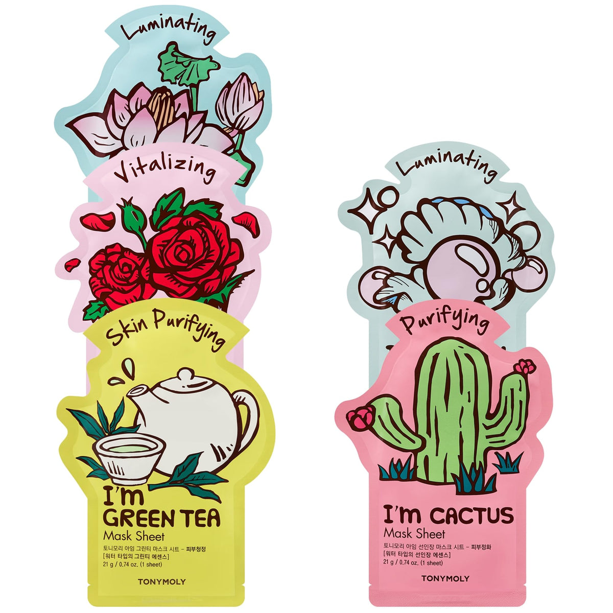TONYMOLY gift set front packaging showing five sheet masks and branding benefits