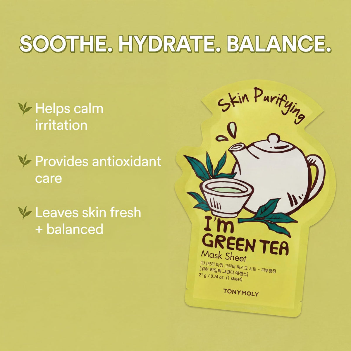 TONYMOLY Green Tea mask applied on model showcasing calming refreshment