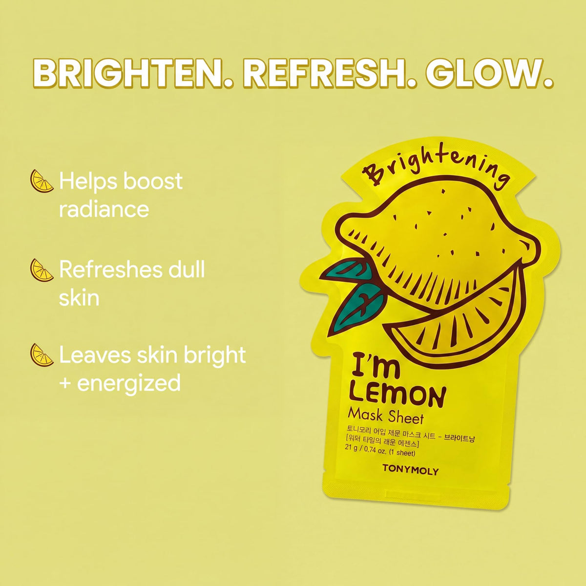 TONYMOLY lemon mask pouch close-up showcasing brightening benefit