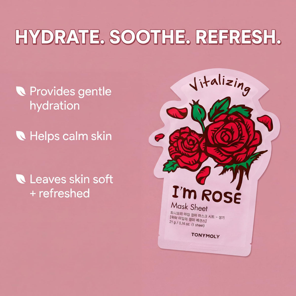 TONYMOLY sheet mask in use on relaxing face for quick refreshed appearance