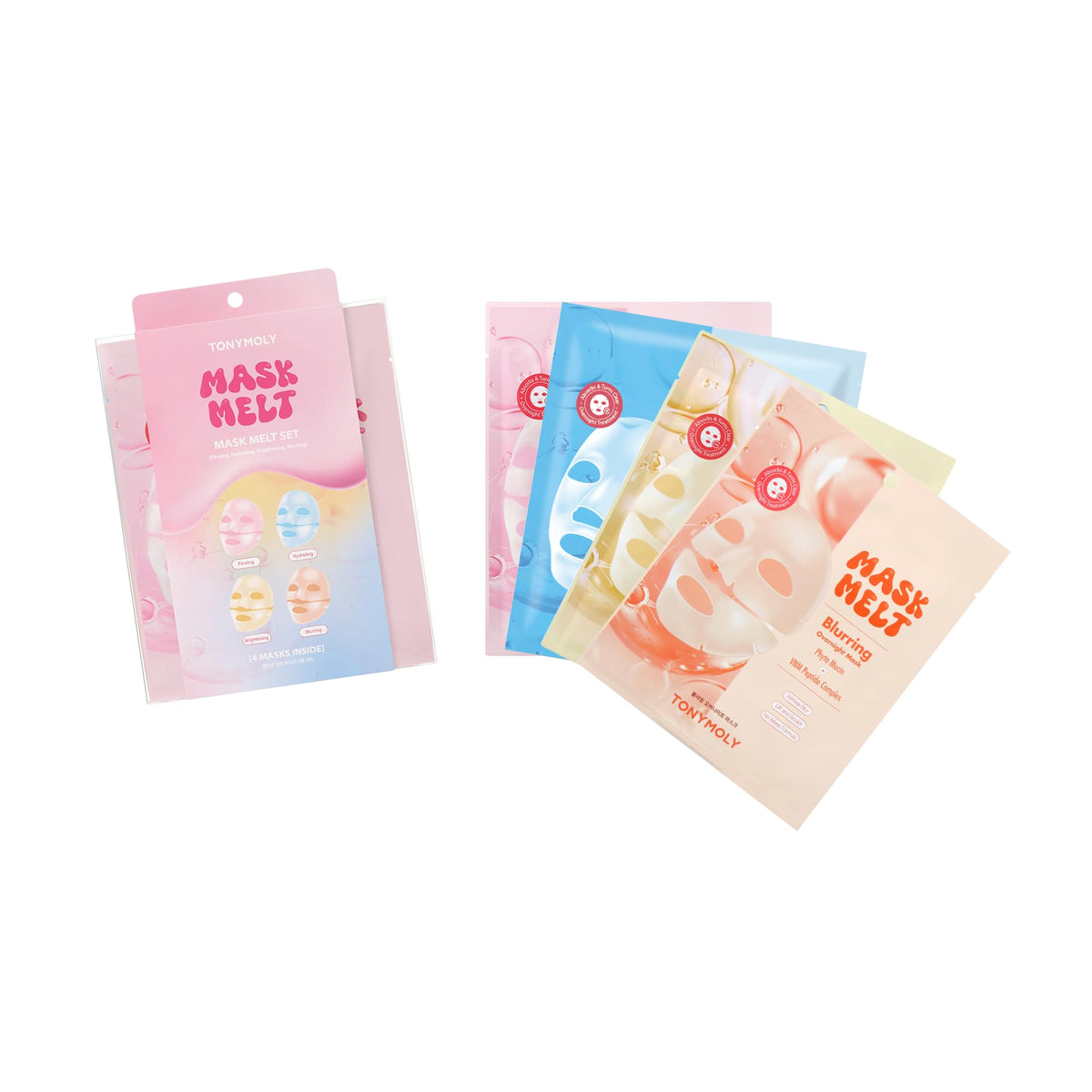 TONYMOLY front packaging of Mask Melt 4-pack showing product set and benefits