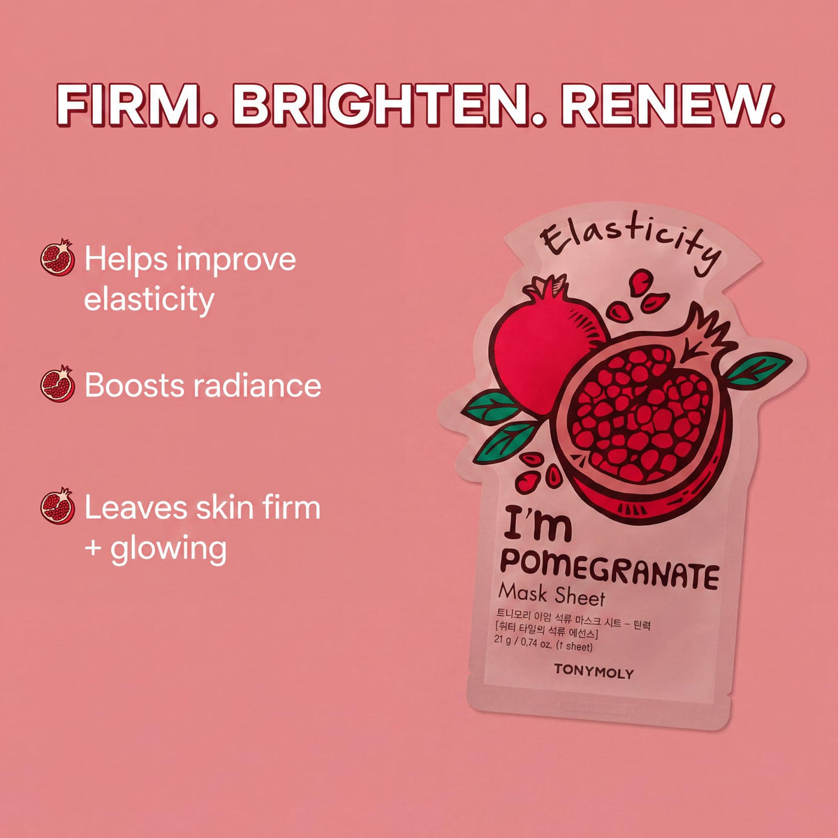 TONYMOLY individual mask pouches laid out to display pomegranate, red wine, strawberry, rose benefits