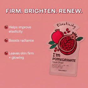 TONYMOLY individual mask pouches laid out to display pomegranate, red wine, strawberry, rose benefits