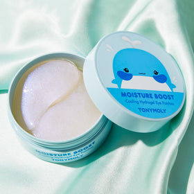 TONYMOLY patches applied under eye, demonstrates soothing refresh benefit