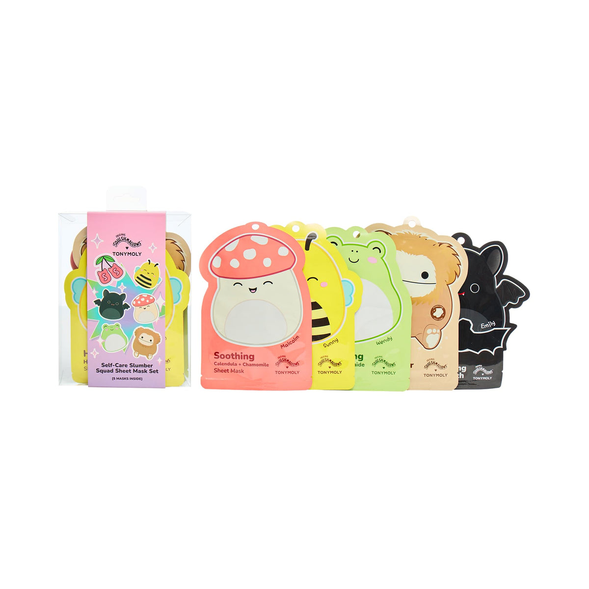 TONYMOLY front packaging showing Squishmallows characters and product variety