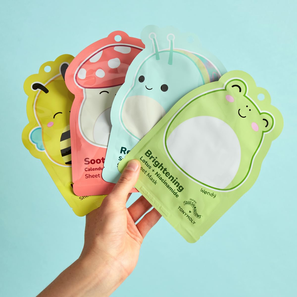 TONYMOLY close-up of printed Squishmallows mask fabric highlighting cute design and gentle fit