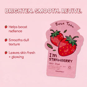 TONYMOLY strawberry mask being applied to face for quick brightening and moisture